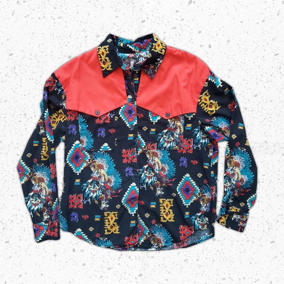 VTG 90s Native American Pow Wow Dancer Design All Over Print Western Shirt Sz L - Picture 1 of 4